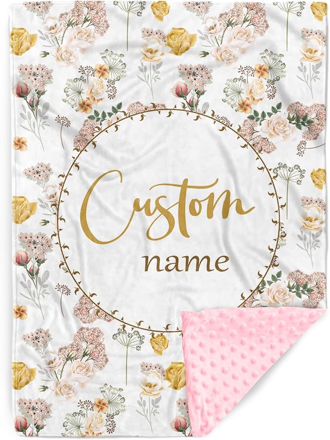 Personalized Baby Blankets for Girls, Custom Name Baby Blanket with Pink Flowers Design, Soft Receiving Blanket for Newborns and Toddlers, Ideal for Baby Showers and Nursery Decor
