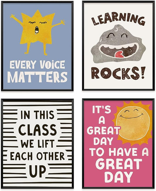 VONTP Inspirational Classroom Wall Art Decor, Cute Classroom Growth Mindset Prints Poster Wall Decorations for Kids Toddler Nursery Children's Room Bedroom Playroom, 8x10 Inch Set of 4 (Unframed)