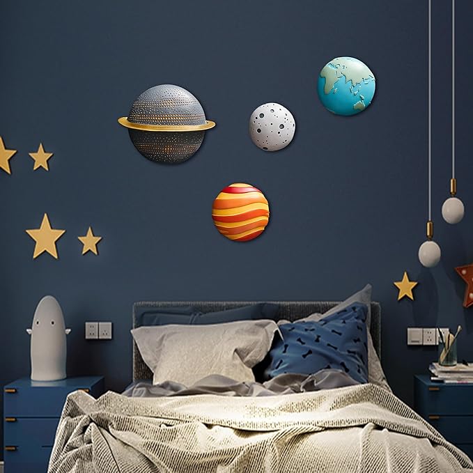XGZY XGZY4PCS Planet Wall Hanging Set: Simple 3D Relief Art Wall Hanging Set, Fun Decoration for Living Room, Entrance, and Study