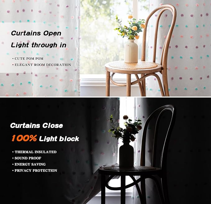 MYSKY HOME Total Blackout Curtains for Kids Bedroom Nursery Curtain 100% Room Darkening Doubled Layer Window Drapes with Rainbow Pom Pom Sheer for Kitchen Light Block Back Tab Set of 2, 52 x 63 in