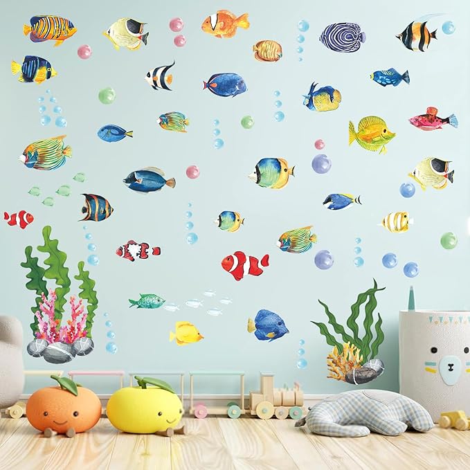 60 Pieces Under The Sea Wall Decals, Ocean Fish Large Coral Reef Seaweed Removable Stickers for Kids Baby Boys Bedroom Nursery Living Room Toddler, Peel and Stick Underwater Sea Stickers