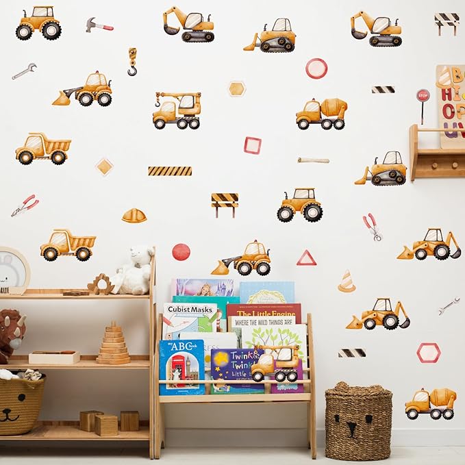 Construction Vehicle Wall Stickers, Watercolor Excavator Bulldozer Crane Truck Vinyl Wall Decals, Removable Engineering Car Artwork Wall Art for Boys Bedroom Playroom Decor