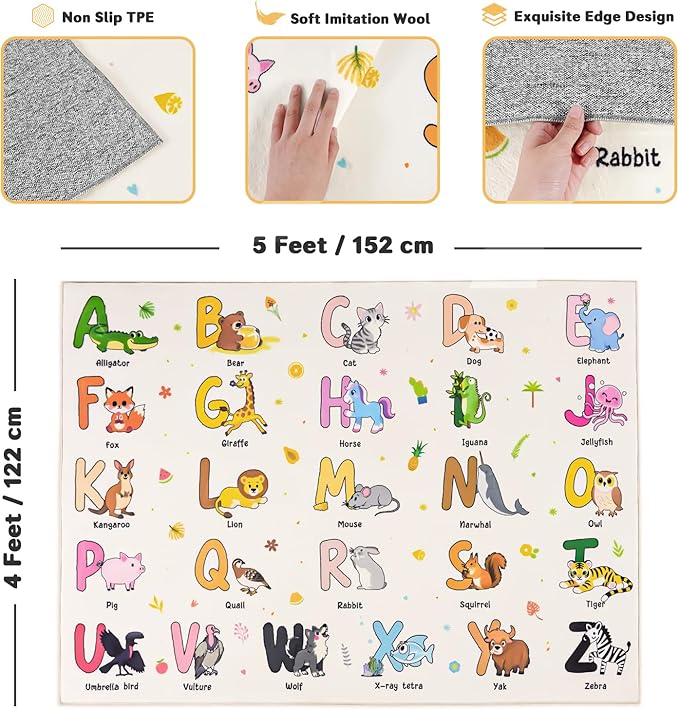 Kids Rugs for Playroom, 4x5 Feet Educational Rug for Learn The ABC Alphabet, Soft Machine Washable Non-Slip Cute Cartoon Animals Carpet for Classroom Toddler Nursery Kids Room Decor, Beige