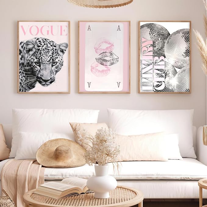 Retro Bar Cart Decor Aesthetic Girly Wall Art Modern Room Aesthetic Wall Art Funny Maximalist Leopard Print Set Of 3 Trendy Disco Ball Poster 12x16 Inch UnFramed for Living Room Bedroom Dorm Apartment