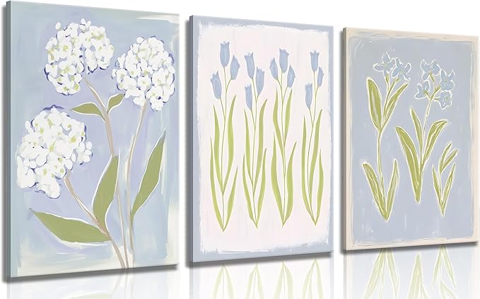 3Pcs Blue Green Tulip Hydrangea Flower Canvas Wall Art Flowers Plant Aesthetics Painting Picture Decor Elegant Preppy Poster Print Artwork for Living Room Gallery Bedroom Dorm Home Decoration