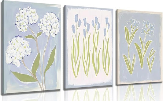 3Pcs Blue Green Tulip Hydrangea Flower Canvas Wall Art Flowers Plant Aesthetics Painting Picture Decor Elegant Preppy Poster Print Artwork for Living Room Gallery Bedroom Dorm Home Decoration