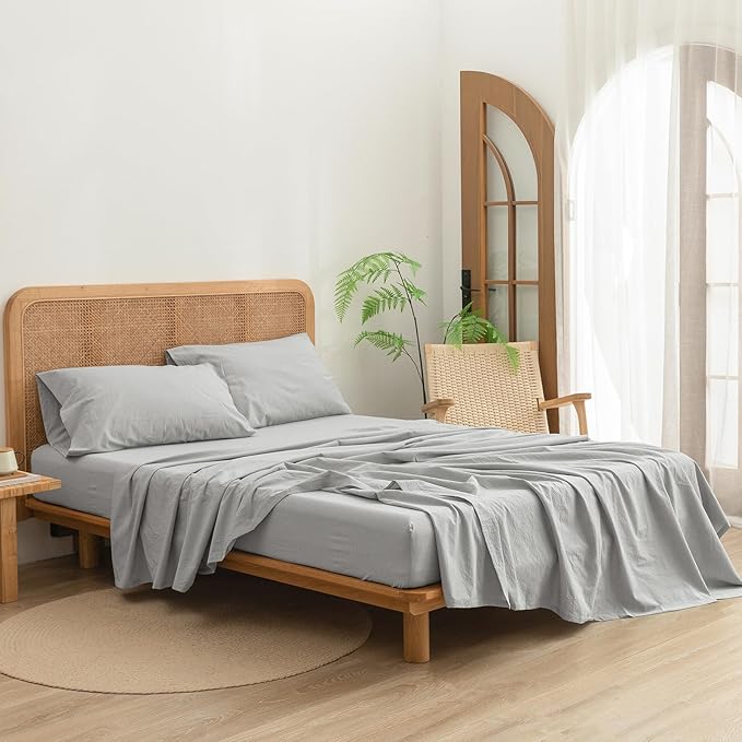 BESTOUCH Sheet Set 100% Washed Cotton Linen Feel Super Soft Comfortable Chic Lightweight 4 Pcs Home Bedding Set Solid Northern Droplet Grey King