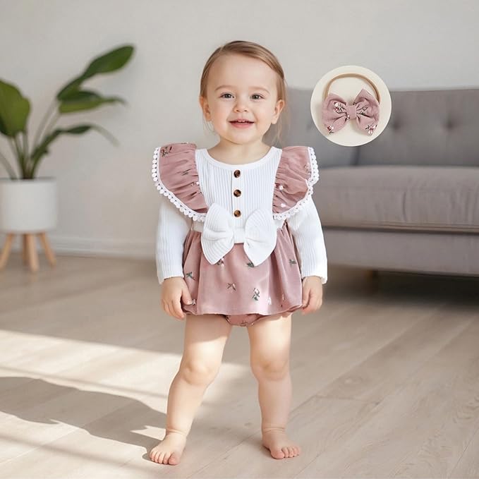Giraropa Baby Girl Fall Winter Clothes Long Sleeve Romper Dress + Socks + Headband Newborn Infant Cute Casual Outfits
