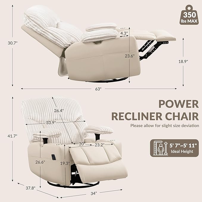 SUNWAVE Power Nursery Rocking Chair with Adjustable Armrests, Nursing Chair with USB, Cup Holders & Blanket, Swivel Rocker Recliner with Corduroy and PU Leather Mixed Fabric (Beige)