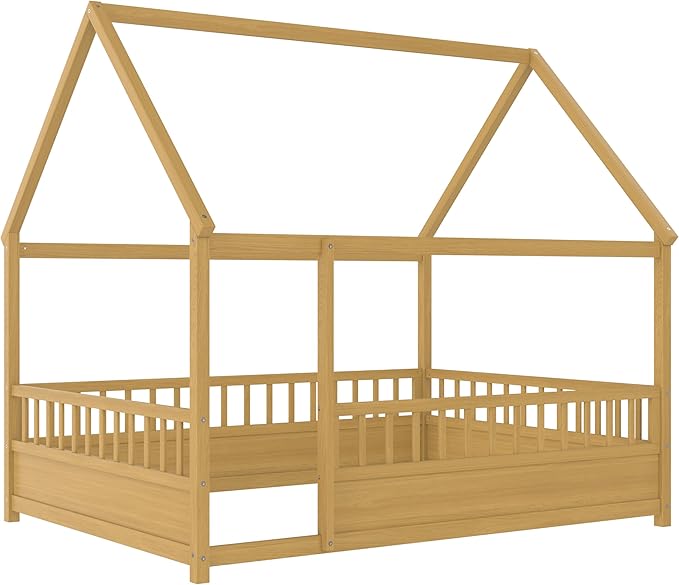 Ball & Cast Full Size House Bed Frame,Montessori Floor Bed with Safety Fence and Roof for Kids,Wood Platform Bedframe W/Open Door for Girls Boys,Bedroom,Playroom,Easy Assembly,Natural