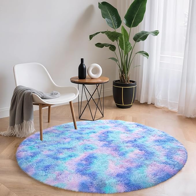 Rainbow Round Rug for Bedroom, 4Ft Fluffy Circle Area Rugs for Living Room, Shag Fuzzy Carpet for Kids Room, Nursery, Dorm, Classroom, Teen, Cute Baby Play Mat Home Decor Aesthetic, Blue