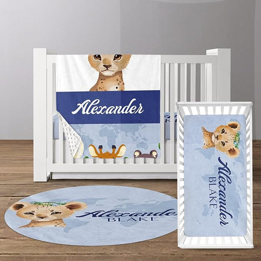 Custom Baby Crib Bedding Set - Blue Leopard Design Personalized Name Baby Nursery Bedding 3 Pcs Set - Chic Soft Blanket, Fitted Sheet, Room Rug for Newborns Boys Girls Gifts