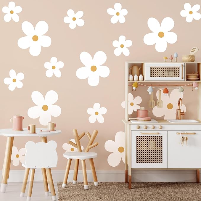 TaoBary 12 Sheets Daisy Wall Decal Flower Wall Sticker Cute Daisy Sticker Pink White Flower Decal Peel and Stick Floral Wallpaper for Nursery Bedroom Home Decor(White, Yellow,Stylish Style)