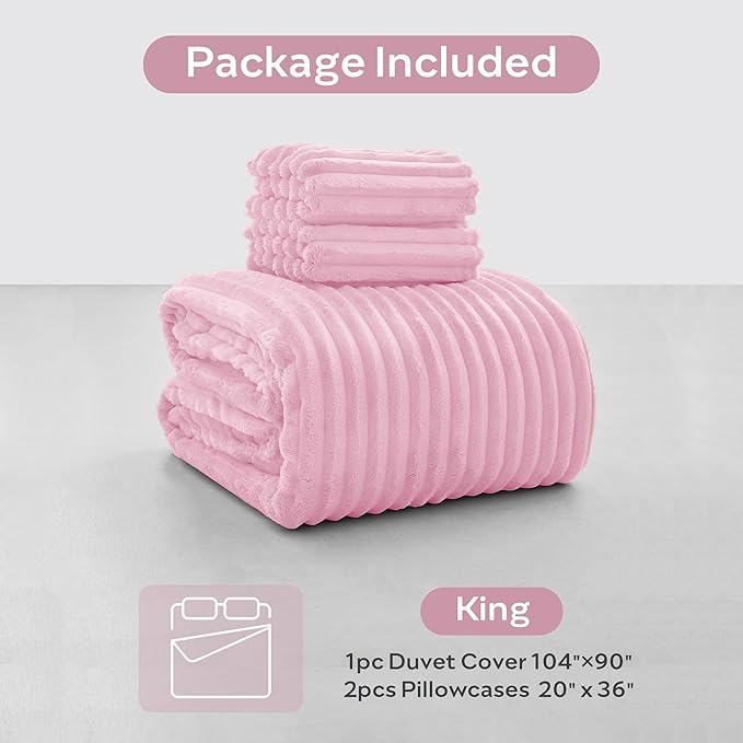 JELLYMONI Plush Duvet Cover Set - Queen Size Pink Striped Fluffy Comforter Cover 3pcs Bedding Set Luxury Ultra Soft Faux Fur Duvet Cover with Zipper and 2 Pillowcases (NO Comforter)