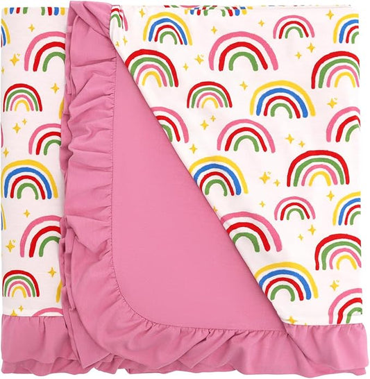 Premium Baby Blankets, Soft Viscose from Bamboo Blanket for Girls, Nursery Crib Bedding Quilt for Newborn and Toddler, Ruffle Blanket Cooling for Hot Sleepers, 50''x50'' Rainbow