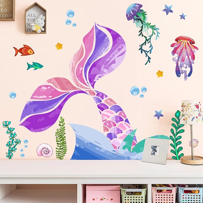 LiveGallery Removable 3D Under The Sea Rainbow Colorful Mermaid Tail Blisters Wall Sticker DIY Ocean Fish Jellyfish Seaweed Wall Decal Decor for Kids Girls Princess Room Bedroom Living Room