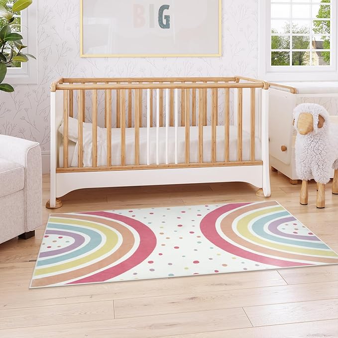 STARUIA Washable Rainbow Rug for Girl Nursery, Small Rug 3X 5 Colorful Area Rugs for Kids Bedroom, Non-Slip Soft Polka Dot Carpet Kids Rugs for Classroom Playroom Tent Castle