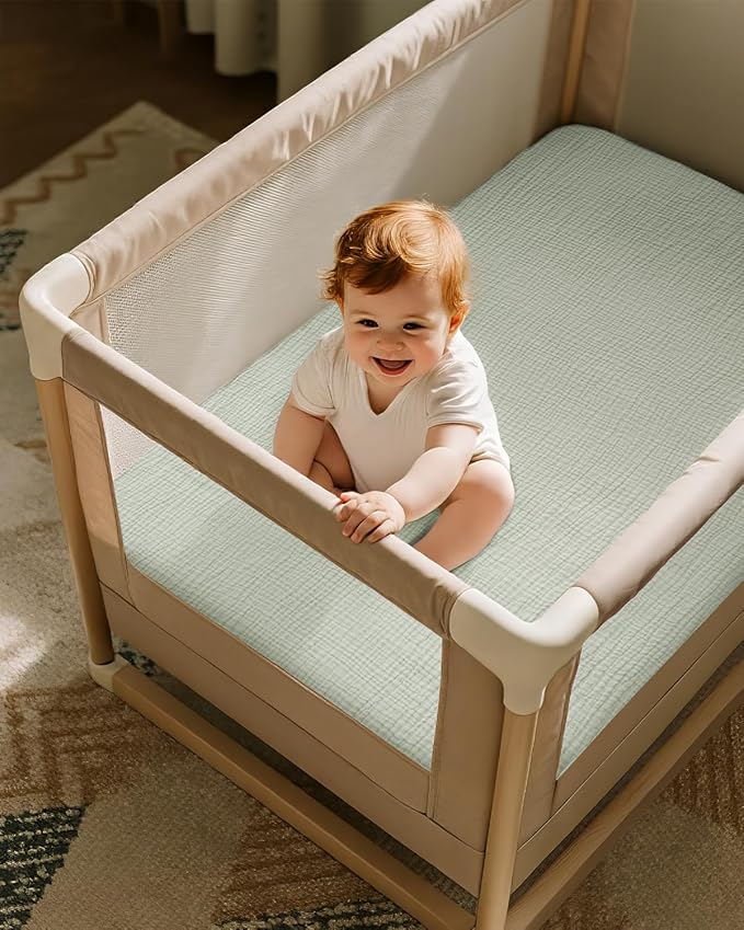 Muslin Pack and Play Sheets Fitted, 100% Cotton Mini Crib Sheets 2 Pack for Pack N Play Mattress, Stretchy Playard Sheet, Soft and Breathable Gradient Green