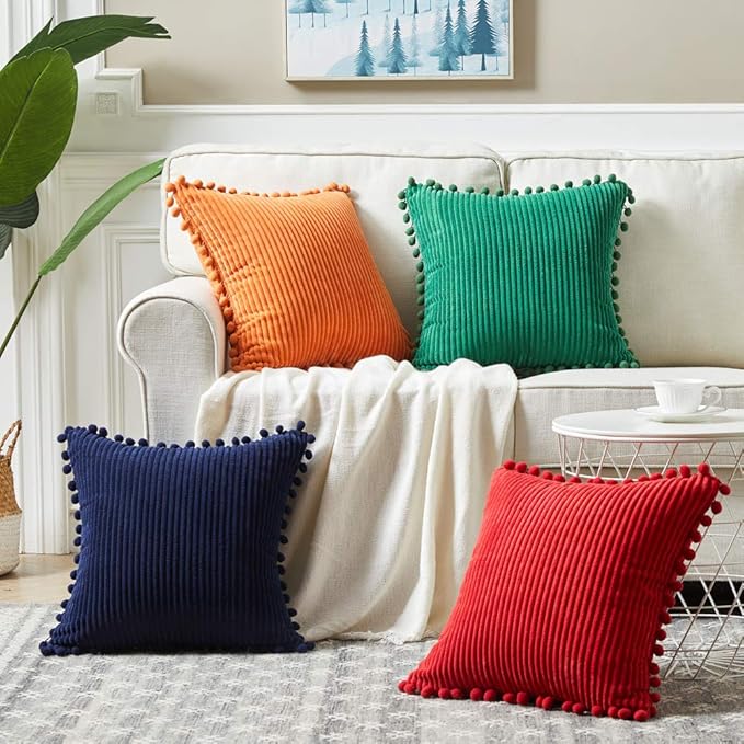 Fancy Homi Pack of 2 Corduroy Soft Decorative Throw Pillow Covers with Pom-poms, Solid Square Cushion Case Pillow Cases Set for Couch Sofa Bedroom Car Living Room (16x16 Inch/40x40 cm, Navy Blue)