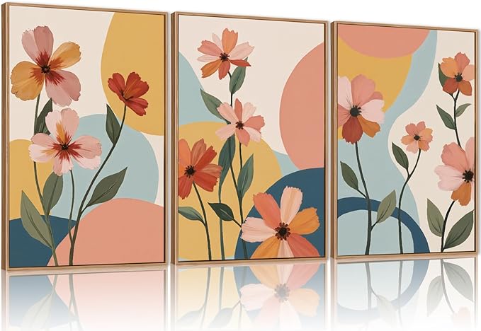 FWIEXA Boho Floral Canvas Wall Art,Pink Flower Pictures Wall Decor,Modern Orange Flowers Wall Art,Abstract Plant Botanical Art Print,Wildflower Bohemian Artwork for Bedroom Rustic Farmhouse 16x24''x3