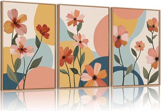 FWIEXA Colorful Flower Canvas Wall Art,Boho Flower Framed Wall Art Pink,Minimalist Wildflower Wall Decor,Abstract Floral Art Prints,Modern Orange Floral Artwork Daisy for Living Room Bedroom 24x36''x3