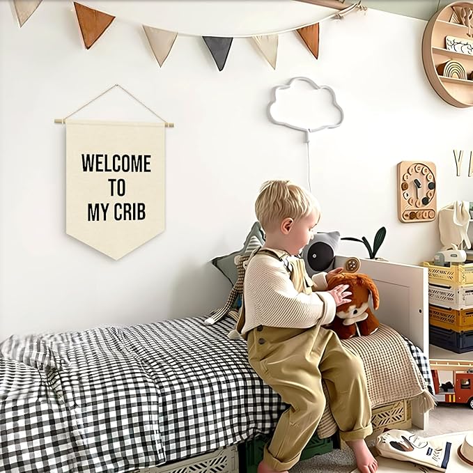 Welcome to My Crib Pennant Flag Banner, Funny Flags for Room, Wall Hanging Pennant Flag Banner Decor for Nursery Bedroom Living Room