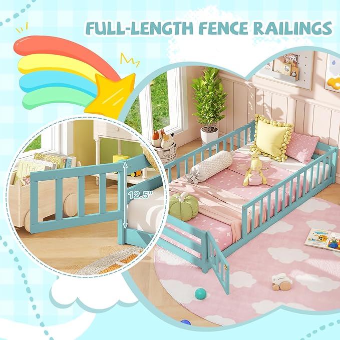 Giantex Twin Floor Bed with Door & Fence, Kids Wood Montessori Beds with Safety Guardrails, Floor Bed Twin for Kids, Boys, Girls, No Box Spring Needed, ICY Aqua