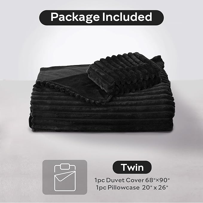 JELLYMONI Plush Duvet Cover Set - Twin Size Black Striped Fluffy Comforter Cover 2pcs Bedding Set Luxury Ultra Soft Faux Fur Duvet Cover with Zipper and 1 Pillowcase (NO Comforter)
