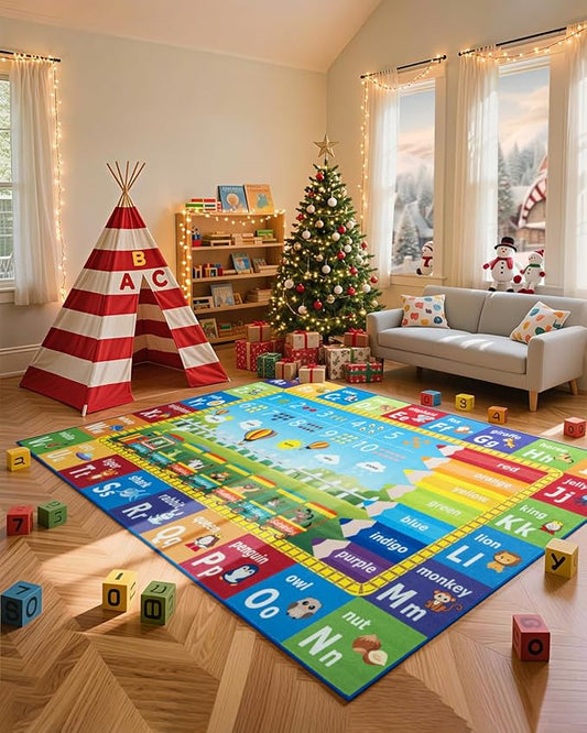 Unirea 4x6 Kids Rug for Playroom Bedroom Living Room, Washable Educational Play Mat with ABC Alphabet, Numbers, Animals for Classroom, Nursery, Colorful Learning Carpet for Toddlers, Rainbow