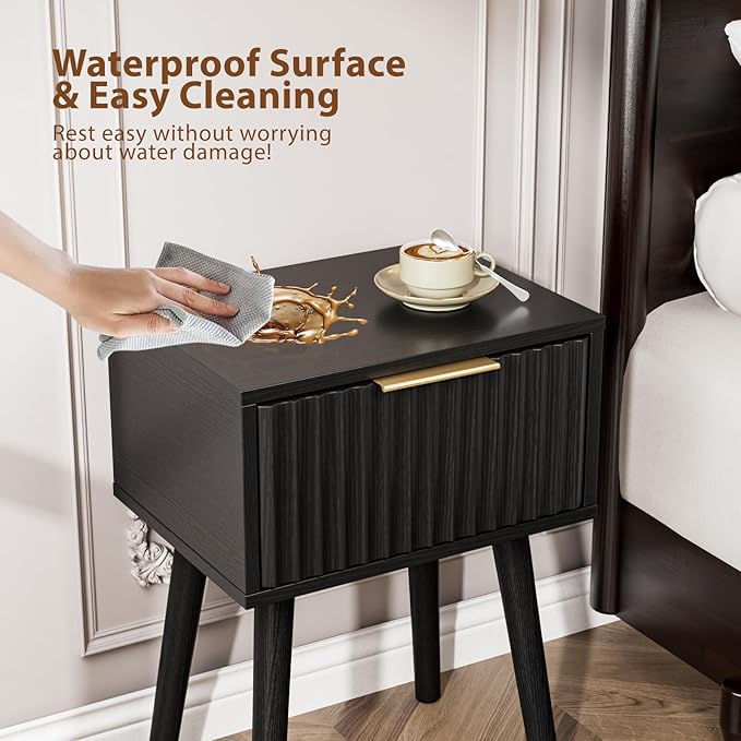 VINGLI Night Stand Set 2, Fluted Nightstands with Drawer, Mid Century Modern Nightstands Set of 2, Bedside Table, End Table, Wood Nightstand for Bedroom, Black, 15.75" W*11.81" D*21.85" H
