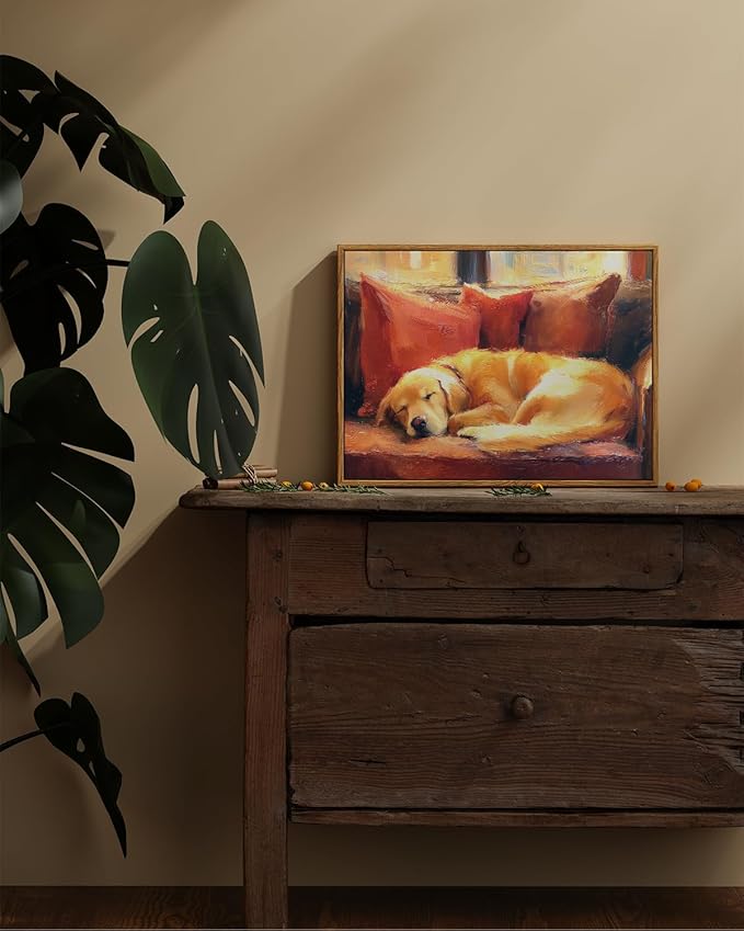 ARPEOTCY Vintage Framed Canvas Wall Art, 12x16inch, Farmhouse Sleeping Dog Wall Decor, Animal Art Prints Home Decorations, Labrador Paintings for Living Room Bedroom Office Decor