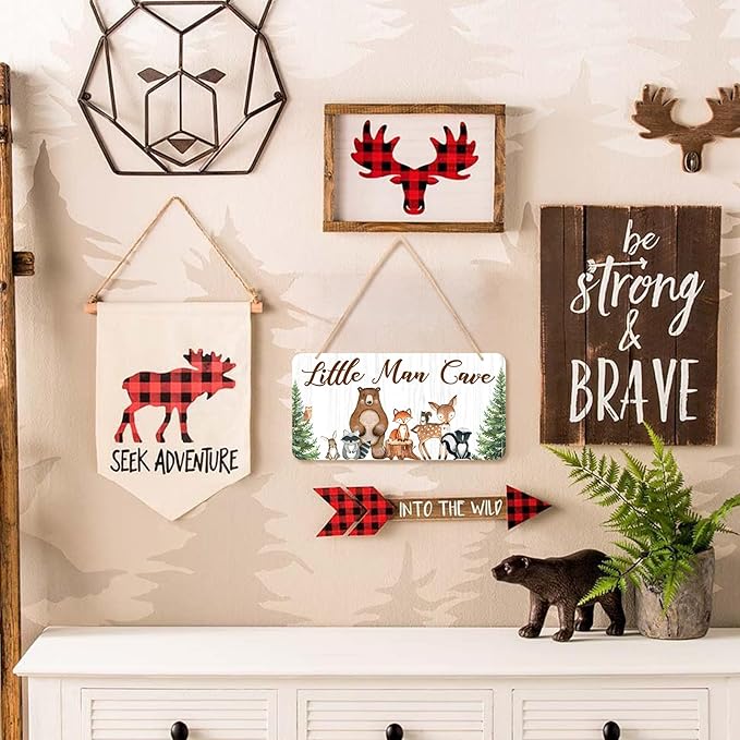Uflashmi Wood Liitle Man Cave Sign, Woodland Animal Nursery Wall Decor for Baby Boys Room, Woodland Theme Nursey Room Decor for Toddler Boy, 12”x6”