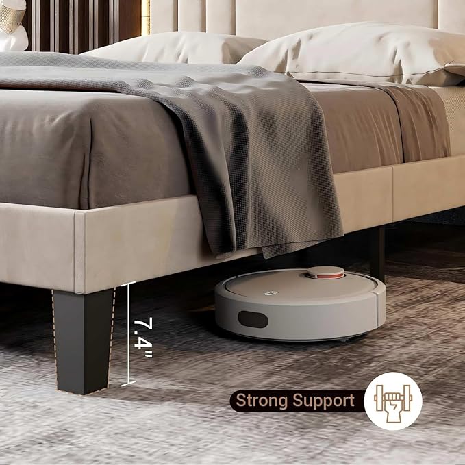 Tyndall Queen Size Bed Frame, Velvet Upholstered Platform with Headboard, Beige