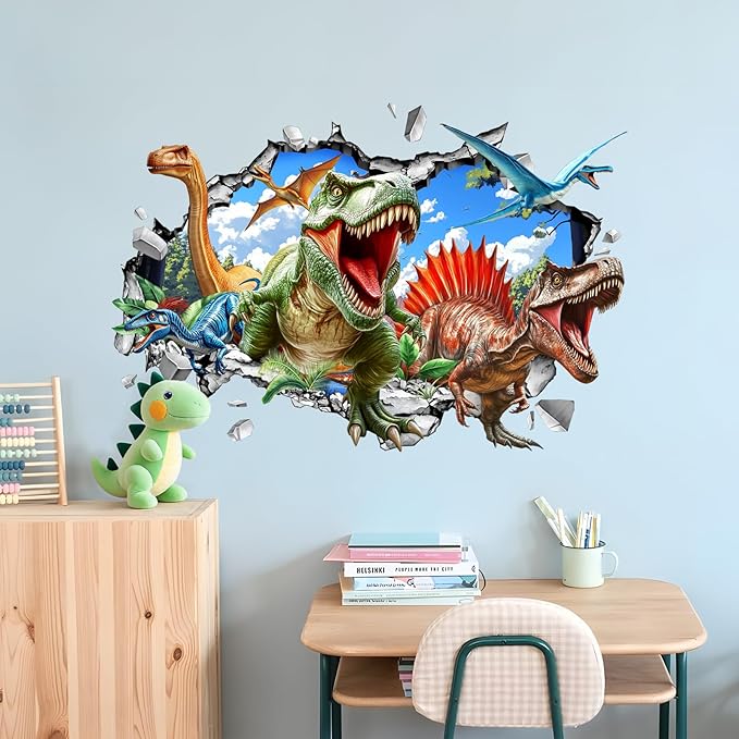 3D Dinosaur Wall Decals, Break Through Dinosaur Park Wall Stickers Peel and Stick Decal Self Adhesive Sticker for Boys Kids Room Home Decor