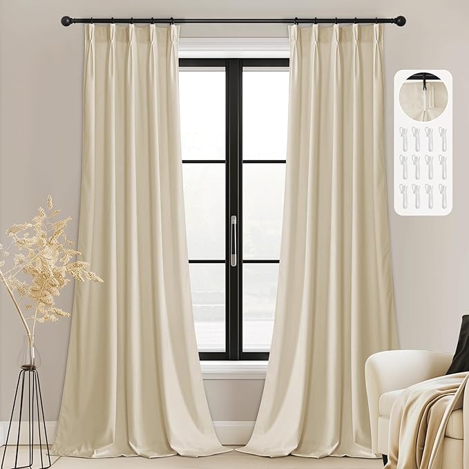 StangH Pinch Pleated Velvet Beige Curtains for Bedroom, Super Soft Block Light Privacy Room Divider Back Tab Energy Efficient Window Drapes for Living Room Sliding Door, W38 x L84, 2 Panels