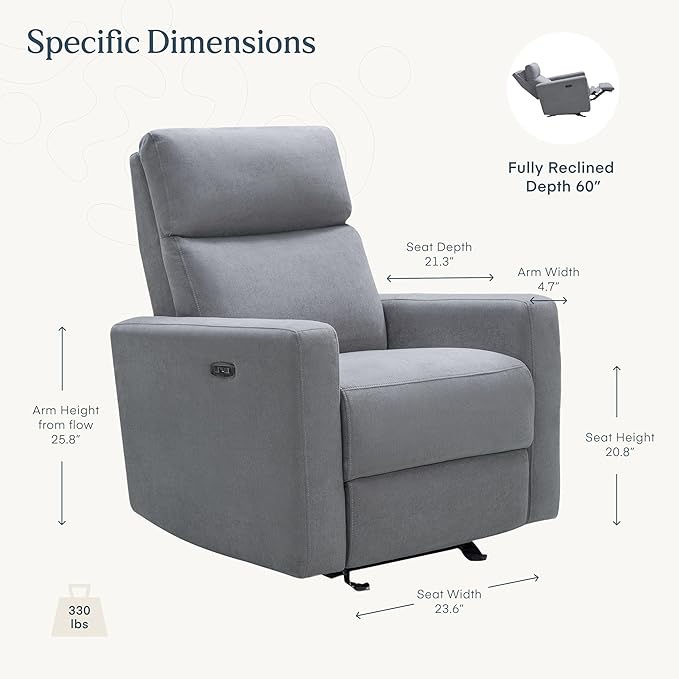 Nurture& The Glider Premium Power Recliner Nursery Glider Chair with Adjustable Head Support | Designed with a Thoughtful Combination of Function and Comfort | Built-in USB Charger (Gray)