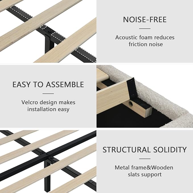 Full Size Bed Frame with Headboard, Cloud Boucle Upholstered Bed Frame, Modern Soft Style, Adjustable Headboard, No Box Spring Needed, Easy Assembly, White