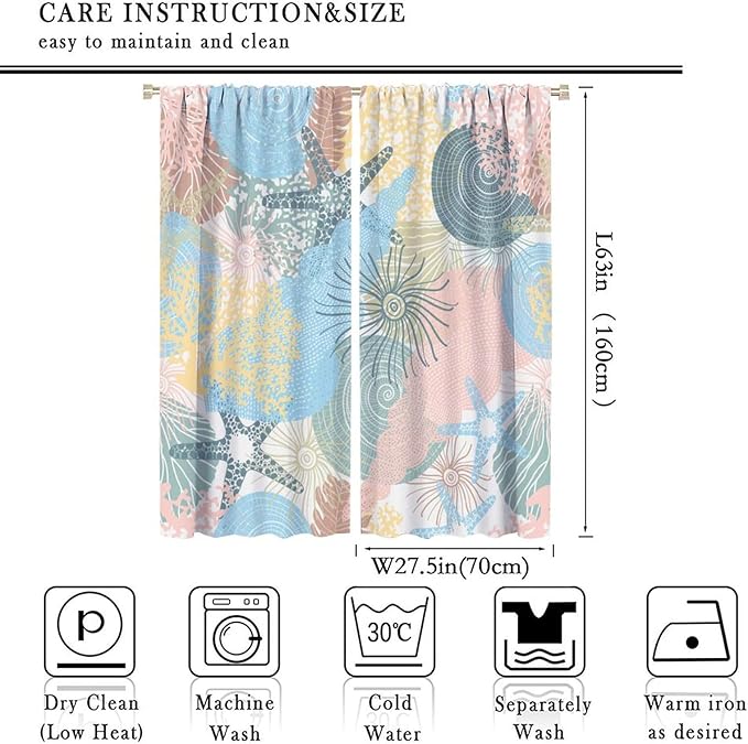 Nautical Blackout Curtain Beach Theme Starfish Seashell Nautical Rustic Ocean Sea Vintage Retro Coastal Summer Bedroom Set 2 Panels,55x63 Inches