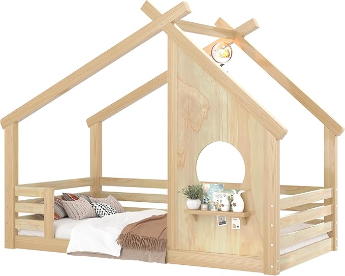 SOFTSEA Twin Size House Bed Frame, Kids Floor House Bed with Window and with Storage Shelf for Boys Girls, Wood Montessori Bed with Slats and Guardrails, Natural