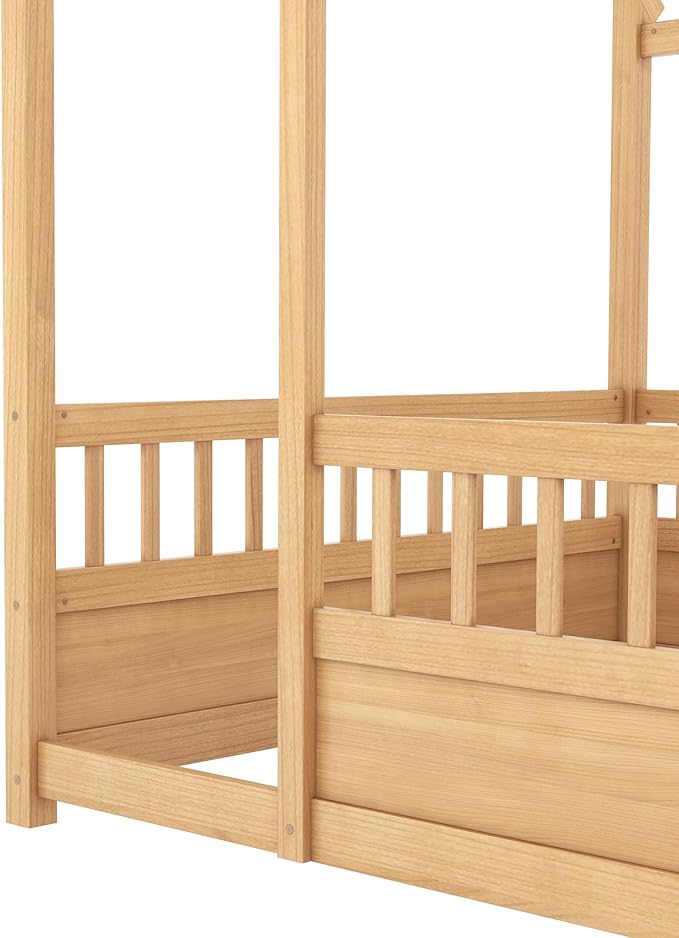 Full Size House Bed with High Fence for Kids,Full Floor Bed Frame, Kids Montessori Bed Full Size,Solid Wood House Bed Frame for Boys,Girls,Natural