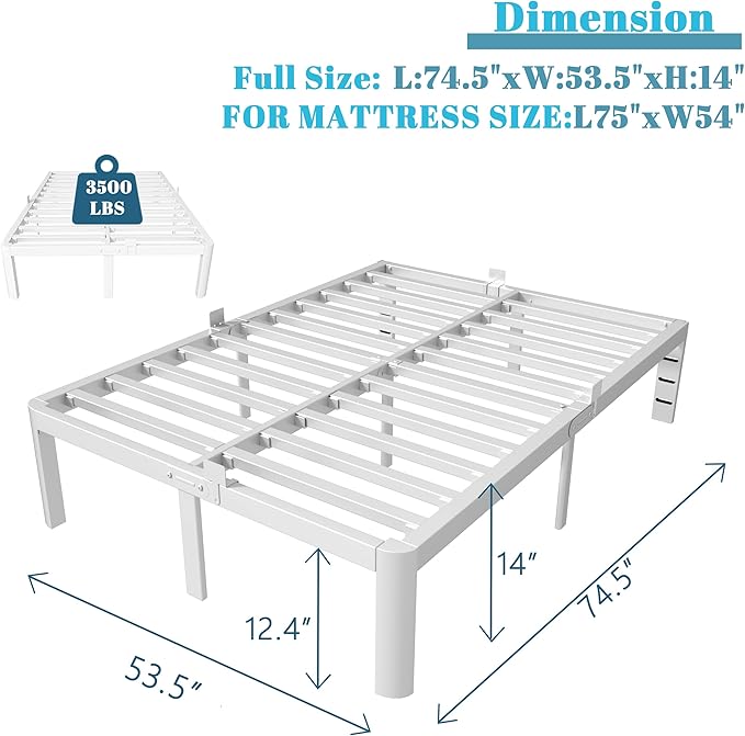 Full Size Bed Frame 14 Inch White, Metal Bed Frame Full with Gaskets, No Box Spring Needed, Heavy Duty Steel Plarform Supprt, Rounded Corner Design, Reserved Holes, Noise Free, Storage Space