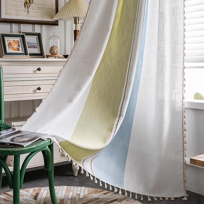 Deeprove Boho Linen Curtains 63 inch for Bedroom Living Room, Semi Blackout American Farmhouse Tassels Window Treatment Bohemian Embroidery Drape Rod Pocket 1 Panel 52" W x 63" L, Blue and Sage Green