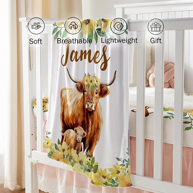 Custom Baby Crib Bedding Set - Highland Cow Design Personalized Name Yellow Flower Baby Nursery Bedding 3 Pcs Set - Chic Soft Blanket, Fitted Sheet, Room Rug for Newborns Boys Girls Gifts