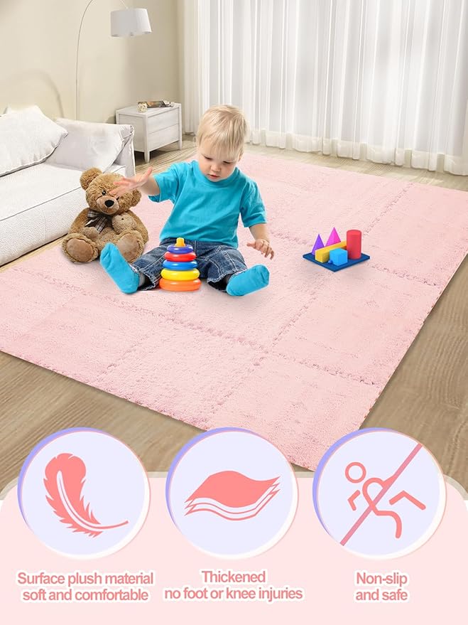 ANPHSIN 12 pcs Thickened Foam Interlocking Floor Mats, Fluffy Plush Mats for Baby with Edgings, Soft Anti-Slip Puzzle Area Rug Playmat, Square Tiles Room Flat (11.8 in, Pink)