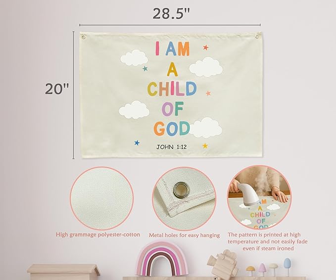 Christian Bible Verse Scripture Rectangular Banner Flag Wall Sign Decor Gift for Baby Girl Women-Nursery Baby Room Bedroom Decor-Baby,Shower Birthday Christmas Gift-I am a Child of God