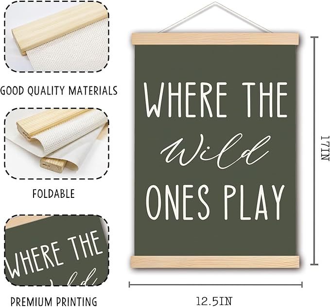 DNEULYR Green Nursery Wall Art Poster, Kids Playroom Wall Decor, Where the Wild Ones Play Poster Hanger Frame for Toddler Kids Room Bedroom Nursery Playroom, 12x16 Inches