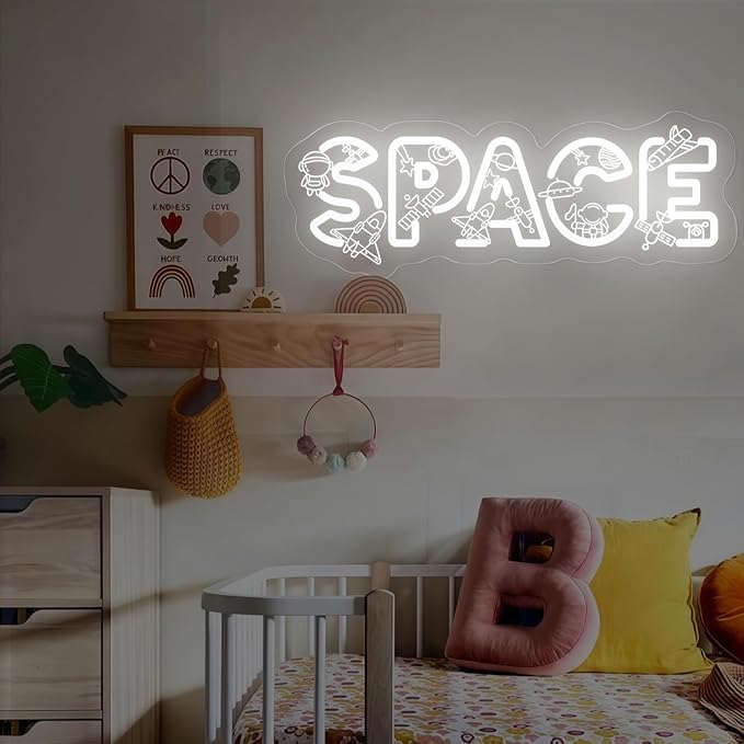 Custom SPACE Neon Sign, Space Theme LED Wall Light, Rocket Astronaut Planet Neon Decor, Cosmic Theme Light Art for Kids’ Bedroom, Nursery Decor, Children’s Play & Sleep Spaces 15.7″ × 5.9″