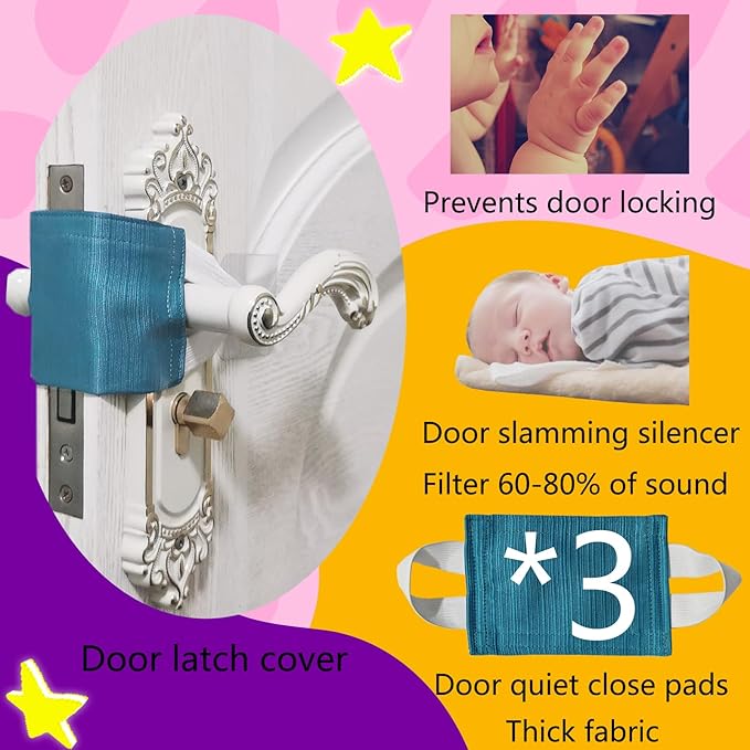 Door Silencer, Quiet Door Closer Cushion, Padded Door Latch Cover for Nursery, Baby, Light Sleepers Noise Reduced Prevent from Locking for Toddler Safety - 4.1 x 3.1 inch, Peacock Blue, Pack-3