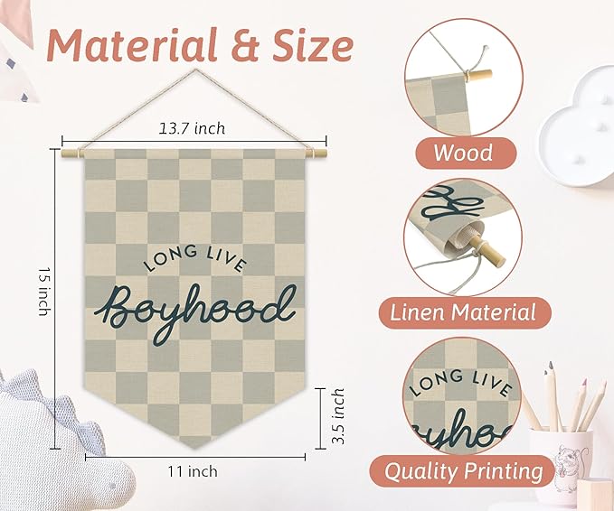 Boys Room Decor, Long Live Boyhood Boy Nursery Linen Canvas Banner, Grey Checkered Wall Hanging Pennant Flag Banner for Boys Nursery Kids Toddler Room Bedroom Playroom Decor, 15x11in