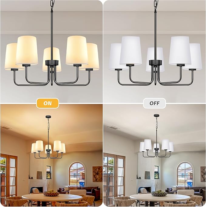 Farmhouse Chandelier, 5-Light Black Chandelier with White Fabric Shade, Height Adjustable Modern Dining Room Light Fixture with E26 Base for Bedroom Foyer Hallway Entryway Kitchen Living Room